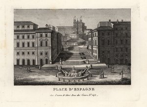 Näkymä Piazza di Spagnalle, Fontana della Barcaccialle, Veneen suihkulähteelle ja Scalinata di Trinita dei Montille, Espanjalaisille portaille, Rooma tekijältä Unbekannt
