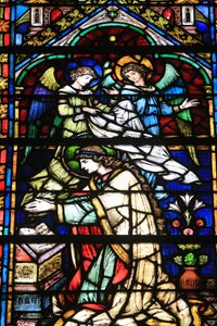 Neitsyt Maria. Yksityiskohdat. Neitsyen kruunaus. Frantz Mayer de Munickin lasimaalaukset 1884. Notre Dame de la Ronden kappeli. Metzin Pyhän Tapanin katedraali, Metz, Ranska tekijältä Unbekannt