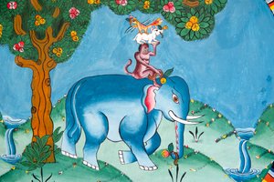 Seinä, joka kuvaa legendaa neljästä ystävästä; norsu; apina; kani ja kukko; Kharbadi Gompa; Phuentsholing; Bhutanin kuningaskunta tekijältä Unbekannt