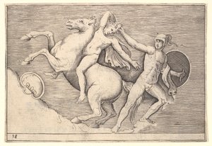 Warrior Pulling a Rider from His Horse, Ex Antiquis Camus et Ge..., julkaistu n. 1599-1622. tekijältä Unbekannt