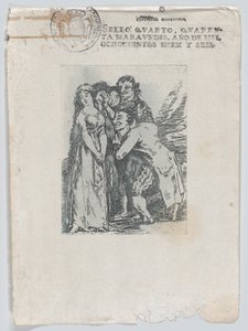 Mikä uhraus", nuori nainen, jota ympäröi miesryhmä, johon kuuluu hänen fi..., vuoden 1816 jälkeen. tekijältä Unbekannt
