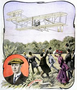 Wilbur Wrightin ensimmäinen lento Euroopassa Hunaudieres-kilparadalla lähellä Le Mansia, Ranskassa, 1908 tekijältä Unbekannt