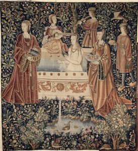 Nainen kylpeminen Attendants Tapestry -sarjan ympäröimänä La Vie Seigneuriale, n. 1500 tekijältä Unbekannt