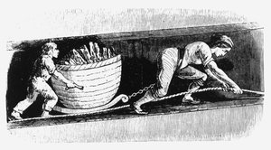 Nainen ja poika piirtävät 3-4 cwt hiiltä sisältävää korvea, Bolton, Lancashire, 1848 tekijältä Unbekannt