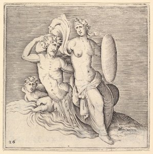 Woman with Shield Seated on Seamonster, julkaistu n. 1599-1622. tekijältä Unbekannt
