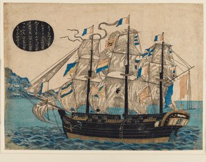 Woodblock print - hollantilainen purjevene, jossa VOC-lippu tekijältä Unbekannt