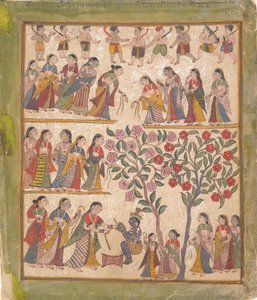 Yashoda sitoo krishnan kädet: Sivu hajallaan olevasta Bhagavata Purana Manuscript -käsikirjoituksesta, 1640-50. tekijältä Unbekannt