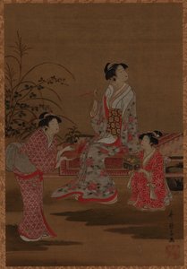 Nuori nainen, jossa on kaksi tyttöä, istuu puutarhassa, Edo-kausi, 1615-1868. tekijältä Unbekannt