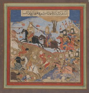 Zal tappaa Khazarvanin ja laittaa Shamasat lentoon, Folio Shahnamasta..., n. 1430-40. tekijältä Unbekannt