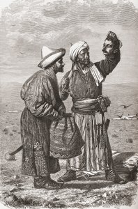 Afganistanin sotilas pitelee vihollisensa katkaistua päätä, kuvitus teoksesta "Maailma käsissä", kaiverrettu Gauchard ja Charles Barbant (k.1922), julkaistu 1878 tekijältä Unbekannt Unbekannt