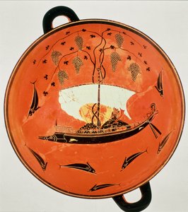 Mustahahmoinen kylix, sisäkuvassa Dionysos veneessä viiniköynnöksen kanssa, Exekias, sireenimaalari, 6. vuosisadalla eKr. tekijältä Unbekannt Unbekannt