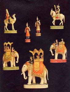 Delhissä Begum Samrulle n. 1790 valmistetun norsunluun shakkisarjan nappuloita (värilitho) tekijältä Unbekannt Unbekannt