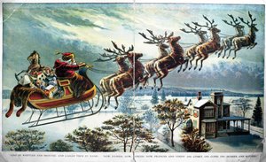 Joulupukin ensimmäinen retki reen ja poron kanssa, Clement Clarke Mooren (1779-1863) kuva Pyhän Nikolauksen vierailusta tekijältä Unbekannt Unbekannt