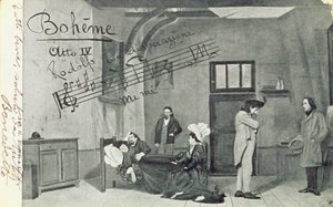 Kohtaus oopperan "La Boheme" IV näytöksestä, kirjoittanut Giacomo Puccini (1858-1924) (bw kuva) tekijältä Unbekannt Unbekannt