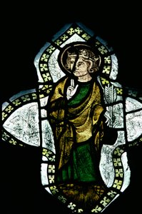 St.Edmund, kruunattu ja nimbed, kantoi marttyyrikuolemansa nuolet, 1300-luvun lasimaalaus tekijältä Unbekannt Unbekannt
