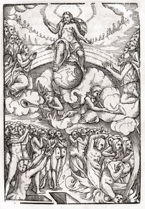Viimeinen tuomio, joka perustuu Hans Holbein (149798-1543) nuoremman puupiirroksiin Der Todten Tanzista, julkaistu Baselissa, 1843 tekijältä Unbekannt Unbekannt