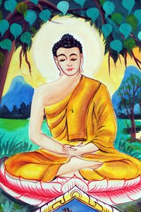 20151029, Vientiane, Laos : Wat Inpengin buddhalainen temppeli. Shakyamuni Buddhan elämäntarinaa kuvaava maalaus. Buddha istuu meditaatioasennossa tekijältä Unbekannt