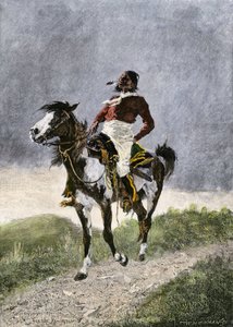 Rohkea komansseja, jotka matkustavat hevosen selässä eteläisillä preerioilla (Texas, Oklahoma, Yhdysvallat) noin vuonna 1800. Litografia tekijältä Unbekannter Künstler