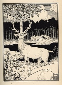 Kirsikkapuu hirven päässä, jota kirsikoiden keihäiden kivet koskettivat Baron de Munchausen. Kuvitus William Strang (1859-1921) ja JB Clark Rudolf Erich Raspen teoksesta Munchausenin (Munchhausenin) paronin seikkailut (1736- tekijältä Unbekannt