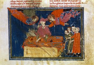 Ryhmä heikkokuntoisia ihmisiä ja herra, joka tekee laupeudentyötä antamalla heille apua. Miniatyyri on peräisin teoksesta "The Works of Merciord" (ms. II, VI tekijältä Unbekannter Künstler