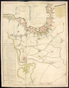 Sävytetty suunnitelma piiritystöistä. Ranskan kirjoittama lehti Bergen op Zoomin piirityksestä vuonna 1747; jota edelsi selvitys Ranskan tykistöjen tilasta tuolloin. tekijältä Unbekannter Künstler
