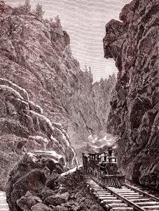Juna ylittää Coloradon vuoret. Yhdysvallat vuonna 1886 (kaiverrus). tekijältä Unbekannter Künstler