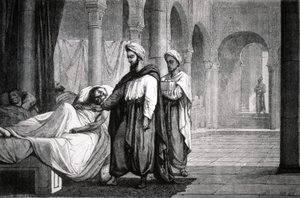 Abulcasis (936-1013), kalifi Al-Hakam II:n lääkäri, Cordoban sairaalassa (Espanja), kaiverruskuvaus tekijältä Unbekannter Künstler