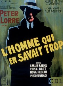 THE MAN WHO KAWAN TOO MECH -elokuvajuliste, jonka on ohjannut AlFredhitchCock Peter Lorren kanssa 1934 tekijältä Unbekannt