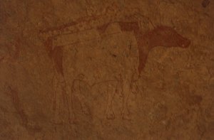 Algeria, Saharan autiomaa, Tassili-n-Ajjerin kansallispuisto, Sefarin paikka, härkää kuvaava kalliomaalaus.