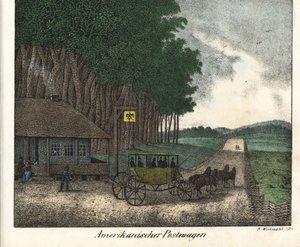 Amerikkalainen postitoimisto ja huolellisuus. Kirjan litografia: Friedrich Wilhelm Goedsche (1785-1863) "Galerie complete en tableaux fideles des peuples d