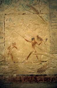 Muinainen Egypti: Saqqarah (tai Saqqara tai Sakkarah): Vanhan Imperiumin hautausmaa, aatelisten hauta. Yksityiskohta kalastuskohtausta kuvaavista reliefeistä.