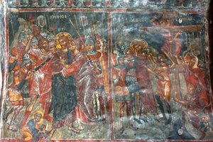 Antiikin freskot; seinämaalauksia; Juudaksen suudelma; Jeesuksen ristiinnaulitseminen; Panagian ja Sotiraksen kirkko; Kreikan ortodoksinen kirkko; Roustika; Kreeta; Kreikka; Euroopassa tekijältä Unbekannt