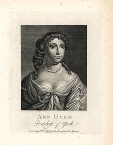 Anne Hyde (1637-1671), Yorkin ja Albanyn herttuatar, Englannin kuningas Jaakko II:n ensimmäinen vaimo. Kuparikaiverrus Sir Peter Lelyn muotokuvan mukaan William Richardin teoksesta Portraits Illustrating Granger