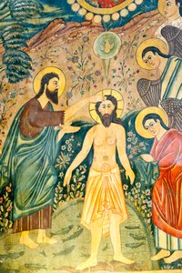 Armenian apostolinen kirkko; Seinämaalaus; Johannes Kastajan Jeesuksen Kristuksen kaste Jordanissa; Betlehemin kirkko tai Bedhamin kirkko; Julfa piiri tai Jolfa; Isfahan; Iran; Aasia tekijältä Unbekannt