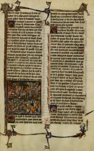 Arthurin legenda (Graalin maljan etsintä) : Benoic jahtaa saksilaista ja Danablaisen taistelu ovat kaksi valaistusta, jotka ovat peräisin Merlinin historian käsikirjoituksesta, joka on peräisin 1200-luvulta vuosien 1280-1290 väliseltä ajalta. tekijältä Unbekannter Künstler