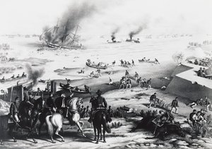 Battle of Hampton Roads tai Battle of Ironclads, USS Monitor ja CSS Virginia (oikealla), 9. maaliskuuta tekijältä William M. Timlin