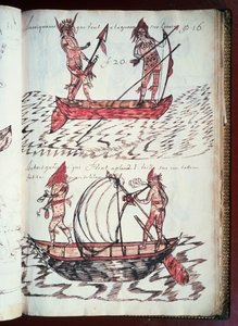 Intiaanien veneitä, sivu Codex Canadensisista (1664-1675), Louis Nicolasin käsikirjoitus pergamentille tekijältä William M. Timlin
