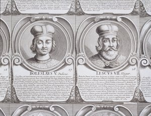 Boleslaw V, siveä, ja Leszek II, musta, nro. 27 ja 28 julkaisusta "Puolalaisten herttuoiden ja kuninkaiden kronologinen sarja" (kaiverrus) tekijältä Unbekannt