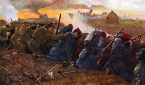 Brittiläiset joukot taistelevat ranskalaisten kanssa pysäyttääkseen Saksan ensimmäisen hyökkäyksen, syksy 1914 tekijältä Unbekannter Künstler