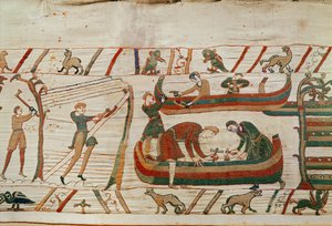 Laivojen rakentaminen Duke Williamin käskystä, Bayeux Tapestry (villakirjonta pellavalle) tekijältä Unbekannt