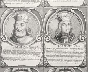 Casimir IV Jagiellon ja Jan I Olbracht, no. 38 ja 39 puolalaisten herttuoiden ja kuninkaiden kronologisesta sarjasta (kaiverrus) tekijältä Unbekannt