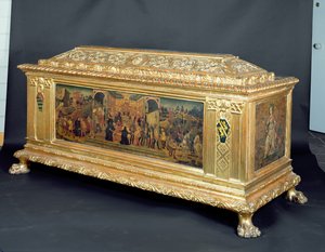 Cassone, jossa on paneelit, jotka kuvaavat Scipion kontinenssia ja allegoriat Fortitudesta ja Prudencesta, Apollonio di Giovannin työpaja, n. 1460-1465 (tempera paneelissa) tekijältä Unbekannt
