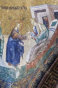 Cristo está curando a sogra de Pedro, mosaico na Igreja de Chora, Istambul, Turquia Finlandês tekijältä Unbekannter Künstler