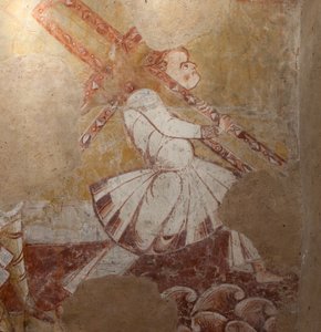 kirkko (Église Saint-Martin). Sisustus. Seinämaalauksia (freskot). Kuoron pohjoisseinä. Yksityiskohta. Simon Kyrenelainen kantamassa ristiä. 12. vuosisadalla. tekijältä Unbekannt
