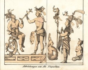 Kokoelma Tlapallanin (Meksiko) piirustuksia. Kirjan litografia: Friedrich Wilhelm Goedsche (1785-1863) "Galerie complete en tableaux fideles des peuples d