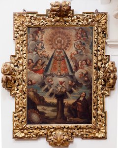 Kolleginen kirkko. Sisällä. Maalaus. (Toivon Neitsyt Maria). Teksti medaljongissa: "PORTRAIT ALL THE MIL CROSA Imajen DNUESTRA S DL Esperanza A Samanlainen kuin Fernando de ZILLLa Faña iezi rodela Villa Riue mde el Tajo ter mi?to esta villa". allekirjoitet tekijältä Unbekannt