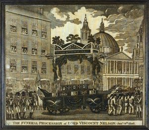 Muistonauha, jossa on teksti "Lordi varakreivi Horatio Nelsonin (1758-1805) hautajaiskulkue, 9. tammikuuta". tekijältä Unbekannter Künstler