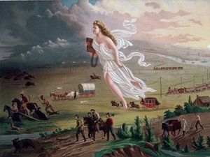 Manifest Destiny -käsite: Allegorinen naishahmo, joka kantaa sähköistä lennätinjohtoa, johtaa amerikkalaisia pioneereja ja rautateitä länteen, intiaanit, puhvelit ja karhu vetäytyvät heidän edellään. Kromolitografia vuodelta 1873.