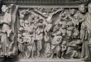 Ristiinnaulitsemiskohtaus: yksityiskohta reliefistä Giovanni Pisanon (1245-1329) suunnitteleman kuusikulmaisen saarnatuolin yläosasta, noin 1297 (marmori) (yksityiskohta kuvasta 77020). tekijältä Unbekannter Künstler