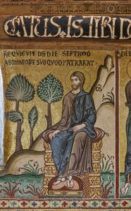 Mosaiikkisykli Vanhasta testamentista, luomisjakso: "Luojan lepo seitsemäntenä päivänä", XII vuosisata, Palatinuksen kappeli, Kuninkaanlinna tai Palazzo dei Normanni (Normaanien palatsi), Palermo, Sisilia, Italia ( kuva) tekijältä Unbekannter Künstler